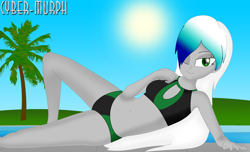 Size: 2864x1740 | Tagged: safe, artist:cyber-murph, imported from derpibooru, oc, oc:audio spectra, equestria girls, belly, belly button, bikini, clothes, commission, gradient mane, looking at you, midriff, one eye closed, palm tree, poolside, swimming pool, swimsuit, tree, wink