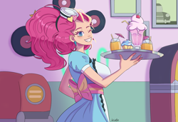 Size: 2853x1957 | Tagged: safe, artist:cerseitortoise, imported from derpibooru, pinkie pie, human, coinky-dink world, eqg summertime shorts, equestria girls, 1950s, 50s, big hair, breasts, busty pinkie pie, cupcake, diner, drink, female, food, grin, human coloration, humanized, one eye closed, server pinkie pie, sideboob, smiling, solo, sundae, tray, waitress, wink