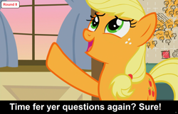 Size: 1905x1225 | Tagged: safe, imported from derpibooru, screencap, applejack, earth pony, pony, comic:celestia's servant interview, going to seed, caption, cs captions, female, freckles, funetik aksent, hatless, interview, looking up, mare, missing accessory, open mouth, raised hoof, solo, sweet apple acres, text
