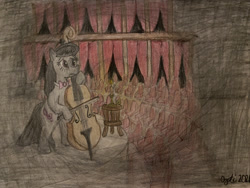 Size: 1280x960 | Tagged: safe, artist:pianoflagerag, imported from derpibooru, octavia melody, earth pony, pony, alone, atg 2021, bow (instrument), candlelight, cello, concert hall, darkness, musical instrument, newbie artist training grounds, solo, theater, traditional art