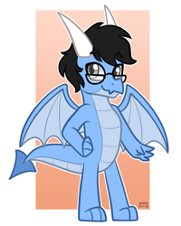 Size: 1024x1280 | Tagged: safe, alternate version, artist:sabrib, imported from derpibooru, oc, oc only, oc:tinker doo, dragon, dragonified, glasses, horn, male, solo, species swap