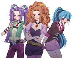 Size: 1268x1008 | Tagged: safe, artist:xieyanbbb, imported from derpibooru, adagio dazzle, aria blaze, sonata dusk, human, equestria girls, candy, cute, food, gem, human coloration, humanized, lollipop, looking at you, siren gem, smiling, sonatabetes, sucker, suggestive eating, the dazzlings