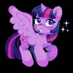 Size: 384x384 | Tagged: safe, artist:hikkage, imported from derpibooru, twilight sparkle, alicorn, pony, black background, female, mare, pixel art, simple background, smiling, solo, sparkles, spread wings, twilight sparkle (alicorn), wings