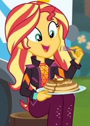 Size: 458x635 | Tagged: safe, imported from derpibooru, screencap, sunset shimmer, equestria girls, equestria girls series, wake up!, spoiler:eqg series (season 2), butter, cropped, cute, eating, female, food, open mouth, pancakes, shimmerbetes, solo, syrup, wake up!: applejack