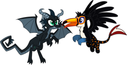 Size: 4073x2107 | Tagged: safe, artist:lightningbolt, derpibooru exclusive, imported from derpibooru, oc, oc only, oc:pyrolysis, oc:tristão, bird, dragon, griffon, ocelot, toco toucan, toucan, .svg available, beak, chest fluff, claws, dragon wings, duo, fangs, fins, flying, gay, happy, high res, horns, looking at each other, male, open beak, open mouth, paws, scales, shipping, show accurate, simple background, slit eyes, slit pupils, smiling, svg, tail, talons, tongue out, toucan griffon, transparent background, vector, wings