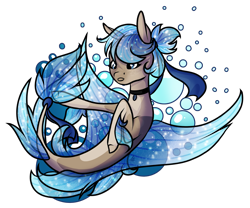 Size: 2687x2232 | Tagged: safe, artist:oneiria-fylakas, imported from derpibooru, oc, oc only, seapony (g4), blue eyes, blue mane, bubble, clothes, dorsal fin, female, fin wings, fins, fish tail, flowing tail, high res, jewelry, necklace, see-through, simple background, solo, tail, transparent background, wings