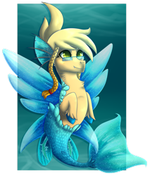 Size: 2260x2654 | Tagged: safe, artist:skywarriorstare, imported from derpibooru, oc, oc only, hybrid, merpony, dorsal fin, fangs, fin wings, fins, fish tail, flowing tail, glasses, high res, ocean, smiling, solo, tail, underwater, unshorn fetlocks, water, wings, yellow eyes