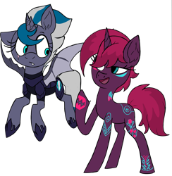 Size: 1323x1354 | Tagged: safe, artist:northernlightsone, imported from derpibooru, fizzlepop berrytwist, tempest shadow, oc, oc:elizabat stormfeather, alicorn, bat pony, bat pony alicorn, pony, unicorn, alicorn oc, alternate hairstyle, alternate universe, armor, bat pony oc, bat wings, broken horn, canon x oc, eye scar, fangs, female, flying, hair over one eye, hoof shoes, horn, lesbian, mare, open mouth, raised hoof, role reversal, scar, shipping, simple background, stormshadow, tattoo, tempest gets her horn back, transparent background, wings