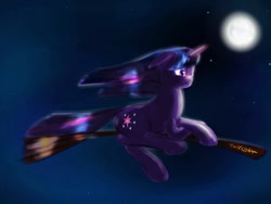 Size: 1024x768 | Tagged: safe, artist:kwendynew, imported from derpibooru, twilight sparkle, pony, unicorn, broom, female, flying, flying broomstick, full moon, moon, night, night sky, sky, unicorn twilight