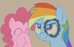 Size: 1955x1247 | Tagged: safe, artist:mandumustbasukanemen, imported from derpibooru, pinkie pie, rainbow dash, pony, griffon the brush off, atg 2021, crying, duo, eyes closed, hoof over mouth, ink, laughing, newbie artist training grounds, prank, smiling, smirk, tears of laughter, teary eyes