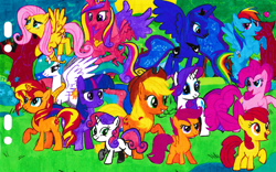 Size: 1613x1007 | Tagged: safe, artist:karadeg, imported from derpibooru, apple bloom, applejack, fluttershy, pinkie pie, princess cadance, princess celestia, princess luna, rainbow dash, rarity, scootaloo, sunset shimmer, sweetie belle, twilight sparkle, alternate mane seven, cutie mark crusaders, mane six