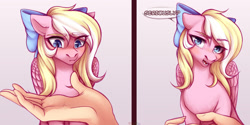 Size: 1280x640 | Tagged: safe, artist:nika-rain, imported from derpibooru, oc, oc only, oc:bay breeze, human, pegasus, pony, 2 panel comic, bow, comic, commission, cute, cute little fangs, denied, fangs, female, grumpy, hair bow, hand, looking at you, mare, pegasus oc, simple background, speech bubble, talking to viewer, wings, ych result