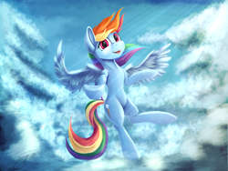 Size: 3200x2400 | Tagged: safe, artist:sigilponies, imported from derpibooru, imported from ponybooru, rainbow dash, pegasus, pony, cloud, female, flying, high res, looking at you, mare, multicolored mane, multicolored tail, open mouth, outstretched hoof, sky, solo, spread wings, underhoof, windswept mane, wings