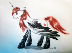 Size: 2864x2094 | Tagged: safe, artist:cahandariella, imported from derpibooru, alicorn, pony, binary code, code lyoko, colored wings, crossover, gift art, gradient legs, gradient wings, high res, ponified, red eyes, red mane, red tail, signature, solo, spread wings, traditional art, wings, xana