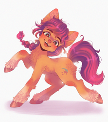 Size: 2004x2260 | Tagged: safe, artist:adishu, imported from derpibooru, sunny starscout, earth pony, pony, blushing, braid, chest fluff, coat markings, cute, ear fluff, female, g5, high res, hoof fluff, looking at you, mare, open mouth, raised hoof, shadow, simple background, socks (coat markings), solo, sunnybetes, unshorn fetlocks, white background