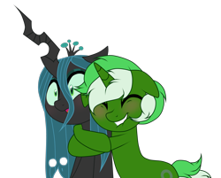 Size: 4581x3687 | Tagged: safe, artist:benita, imported from derpibooru, queen chrysalis, oc, oc:chain whip, changeling, changeling queen, pony, unicorn, blushing, canon x oc, cute, cutealis, cuteling, eyes closed, female, floppy ears, hug, lip bite, male, open mouth, stallion