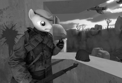 Size: 1029x700 | Tagged: safe, artist:robertwtf, imported from derpibooru, bright mac, anthro, earth pony, original species, plane pony, pony, 3d, black and white, grayscale, monochrome, plane, smoking, solo, source filmmaker, war, weapon