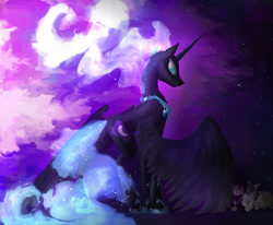Size: 1800x1482 | Tagged: safe, artist:jaeneth, imported from derpibooru, nightmare moon, alicorn, pony, blue eyes, blue mane, blue tail, eyelashes, female, filly, flowing mane, flowing tail, hoof shoes, horn, intimidating, jewelry, necklace, night, scared, sky, solo, stars, wings
