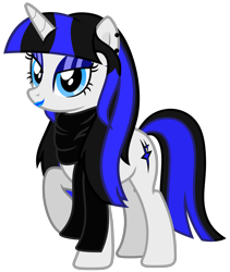 Size: 3070x3635 | Tagged: safe, artist:severity-gray, imported from derpibooru, oc, oc only, oc:coldlight bluestar, pony, unicorn, alternate hairstyle, bedroom eyes, clothes, cutie mark, ear piercing, eyeliner, eyeshadow, female, high res, lipstick, looking at you, makeup, mare, piercing, scarf, simple background, solo, standing, transparent background