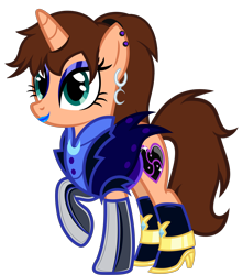 Size: 3990x4537 | Tagged: safe, artist:severity-gray, imported from derpibooru, oc, oc only, oc:chloe adore, pony, unicorn, alternate hairstyle, alternate timeline, blue eyeshadow, blue lipstick, boots, clothes, cutie mark, ear piercing, eyeliner, eyeshadow, female, gloves, jacket, latex, latex gloves, lipstick, looking at you, makeup, mare, nightmare takeover timeline, piercing, ponytail, shoes, simple background, solo, transparent background, uniform