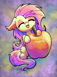 Size: 1280x1707 | Tagged: safe, artist:catscratchpaper, imported from derpibooru, fluttershy, bat pony, pegasus, pony, abstract background, apple, bat ponified, cute, ear fluff, eyes closed, fangs, female, floppy ears, flutterbat, folded wings, food, happy, mare, open mouth, open smile, race swap, shyabates, shyabetes, sitting, smiling, smol, solo, wings