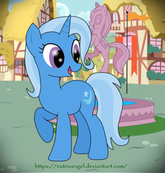 Size: 1010x1063 | Tagged: safe, artist:estevangel, imported from derpibooru, trixie, pony, unicorn, cute, diatrixes, looking back, ponyville, raised hoof, smiling, solo, statue