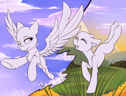 Size: 2020x1536 | Tagged: safe, artist:yuris, imported from derpibooru, oc, oc only, pony, field, flight, flying, full body, op can you stop, sky, smiling, spread wings, wings, ych sketch