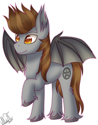 Size: 1826x2333 | Tagged: artist needed, safe, artist:greenmarta, imported from derpibooru, oc, oc only, oc:devin, bat pony, pony, bat pony oc, bat wings, brown mane, cutie mark, fluffy, grey fur, happy, hoof fluff, male, simple background, smiling, solo, spread wings, stallion, transparent background, unshorn fetlocks, wings