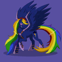 Size: 1024x1024 | Tagged: safe, artist:dragongirl814, imported from derpibooru, rainbow dash, pegasus, pony, blue background, colored pupils, evil grin, female, grin, hoof shoes, looking at you, multicolored hair, nightmare rainbow dash, nightmarified, pink eyes, simple background, smiling, solo, spread wings, tail, wings