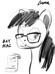 Size: 746x995 | Tagged: safe, artist:mindoflupe, imported from derpibooru, oc, oc only, oc:bay mac, pony, glasses, male, monochrome, scroll, sketch, solo, stallion