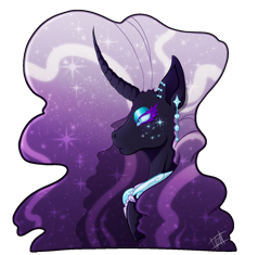 Size: 1280x1201 | Tagged: safe, artist:luminescence553, imported from derpibooru, nightmare rarity, pony, unicorn, blue eyes, bust, colored pupils, curved horn, ear piercing, earring, ethereal mane, female, horn, jewelry, piercing, purple mane, signature, simple background, solo, starry mane, transparent background