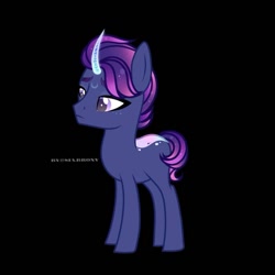 Size: 897x897 | Tagged: safe, artist:sia.brony, imported from derpibooru, oc, oc only, pony, unicorn, black background, curved horn, ethereal mane, horn, male, simple background, sitting, solo, stallion, starry mane, unicorn oc