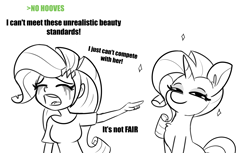 Size: 4886x3000 | Tagged: safe, artist:tjpones, imported from derpibooru, rarity, pony, unicorn, equestria girls, >no hooves, black and white, chest fluff, crying, cute, duo, equestria girls drama, eyes closed, eyeshadow, female, grayscale, high res, human ponidox, looking at you, makeup, mare, marshmelodrama, monochrome, no hooves, open mouth, pointing, raribetes, rarity being rarity, running makeup, self paradox, self ponidox, simple background, smiling, smiling at you, smug, smugity, sparkles, white background