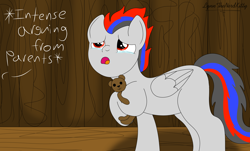 Size: 5030x3030 | Tagged: safe, artist:lynnthenerdkitty, imported from derpibooru, pegasus, pony, backstory, bio, colt, crying, descriptive noise, male, open mouth, ponified, solo, starscream, teary eyes, teddy bear, transformers