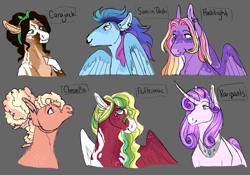 Size: 2595x1819 | Tagged: safe, artist:felinenostalgic, imported from derpibooru, oc, oc only, oc:cinnamon stick cider, oc:crown jewel comet, oc:doubletake dash, oc:graceful glow, oc:just peachy cobbler pie, oc:strawberry meadow, earth pony, pegasus, pony, unicorn, bust, female, freckles, gray background, male, mare, nose piercing, nose ring, offspring, parent:applejack, parent:big macintosh, parent:caramel, parent:cheese sandwich, parent:fancypants, parent:flash sentry, parent:fluttershy, parent:pinkie pie, parent:rainbow dash, parent:rarity, parent:soarin', parent:twilight sparkle, parents:carajack, parents:cheesepie, parents:flashlight, parents:fluttermac, parents:raripants, parents:soarindash, peytral, piercing, simple background, stallion