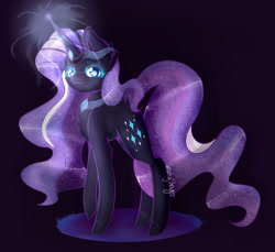 Size: 1024x938 | Tagged: safe, artist:katyshy, imported from derpibooru, nightmare rarity, pony, unicorn, blue eyes, crown, eyelashes, female, flowing mane, flowing tail, glow, glowing, glowing horn, horn, jewelry, looking at you, necklace, purple mane, redraw, regalia, simple background, smiling, solo