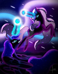 Size: 1024x1295 | Tagged: safe, artist:bluediamondoficial01, imported from derpibooru, nightmare moon, nightmare rarity, alicorn, pony, unicorn, blue eyes, blue mane, deviantart watermark, ethereal mane, evil grin, fangs, female, flowing mane, folded wings, glow, glowing, glowing horn, grin, horn, looking at each other, night, obtrusive watermark, signature, smiling, starry mane, teeth, watermark, wings