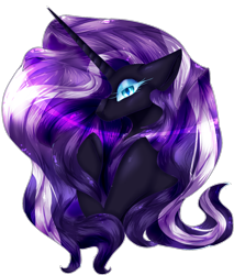 Size: 936x1098 | Tagged: safe, artist:goodxvxbez, imported from derpibooru, nightmare rarity, pony, unicorn, blue eyes, bust, colored pupils, eyelashes, female, flowing mane, glow, glowing, horn, long horn, looking at you, portrait, purple mane, simple background, solo, transparent background