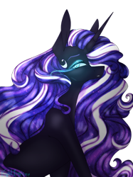 Size: 1280x1707 | Tagged: safe, artist:noctis-stella, imported from derpibooru, nightmare rarity, pony, unicorn, blue eyes, colored pupils, curly mane, eyelashes, female, glowing eyes, horn, long horn, long mane, looking at you, purple mane, signature, simple background, solo, transparent background