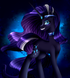 Size: 1973x2200 | Tagged: safe, artist:lada03, imported from derpibooru, nightmare rarity, pony, unicorn, blue background, blue eyes, colored pupils, crown, evil grin, eyelashes, female, flowing mane, flowing tail, grin, horn, jewelry, long horn, looking at you, necklace, purple mane, regalia, simple background, smiling, solo, teeth