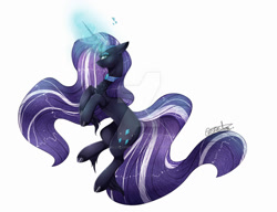 Size: 1024x787 | Tagged: safe, artist:elliasxmoon, imported from derpibooru, nightmare rarity, pony, unicorn, blue eyes, chest fluff, deviantart watermark, eyelashes, female, flowing mane, flowing tail, glow, glowing, glowing horn, horn, jewelry, long horn, looking at you, necklace, obtrusive watermark, purple mane, signature, simple background, solo, unshorn fetlocks, watermark, white background