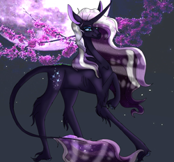 Size: 1699x1579 | Tagged: safe, artist:shimmer-fox, imported from derpibooru, nightmare rarity, pony, unicorn, beautiful, blue eyes, colored pupils, curved horn, eyelashes, female, flower, flowing mane, horn, moon, moonlight, night, purple mane, smiling, solo, stars, tail, unshorn fetlocks