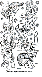 Size: 1016x1834 | Tagged: safe, imported from derpibooru, part of a set, applejack, fluttershy, pinkie pie, rainbow dash, rarity, twilight sparkle, alicorn, earth pony, pegasus, pony, unicorn, boots, christmas, clothes, coloring book, flying, hat, hearth's warming eve coloring book, holiday, indexed png, mane six, monochrome, official, rearing, santa hat, scan, scarf, shoes, simple background, snow, stock vector, white background, winter hat