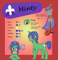 Size: 883x905 | Tagged: safe, artist:fermin-tenava, imported from derpibooru, oc, oc:minty, unicorn, card, female, lesbian, musician, reference sheet