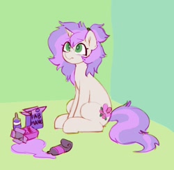 Size: 1480x1440 | Tagged: safe, artist:orchidpony, imported from twibooru, oc, oc only, oc:orchid, pony, unicorn, box, female, image, mare, needs more jpeg, shampoo, sitting, sketch, solo