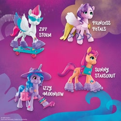 Size: 2000x2000 | Tagged: safe, imported from derpibooru, izzy moonbow, pipp petals, sunny starscout, zipp storm, earth pony, pegasus, pony, unicorn, abstract background, female, g5, hat, mare, official, skateboard, skates, sunglasses, text, toy, translation request