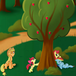 Size: 2000x2000 | Tagged: safe, artist:darksly, imported from derpibooru, apple bloom, applejack, rainbow dash, strawberry sunrise, earth pony, pegasus, pony, atg 2021, crying, food, hiding, laughing, newbie artist training grounds, prank, strawberry, tears of laughter, teary eyes, tree