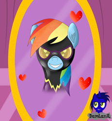 Size: 3840x4154 | Tagged: safe, artist:damlanil, imported from derpibooru, rainbow dash, pegasus, pony, blushing, carousel boutique, catsuit, clothes, costume, cute, dashabetes, female, happy, heart, heart eyes, latex, latex suit, looking at you, mare, mirror, open mouth, rubber, shadowbolts, shadowbolts costume, shine, shiny, simple background, smiling, solo, suit, vector, wingding eyes, wings