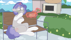 Size: 3840x2160 | Tagged: safe, artist:2k.bugbytes, imported from ponybooru, oc, oc only, oc:triple sevens, pony, unicorn, bench, bush, carrot, carrot dog, covering mouth, detailed background, eating, food, food poisoning, food truck, grass, magic, male, nauseous, park, sitting, solo