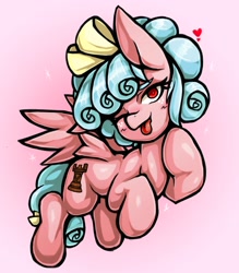 Size: 1543x1764 | Tagged: safe, artist:kyouman1010, imported from ponybooru, cozy glow, pegasus, bow, cozybetes, cute, cutie mark, female, filly, flying, heart, one eye closed, pink background, simple background, tongue out, wink